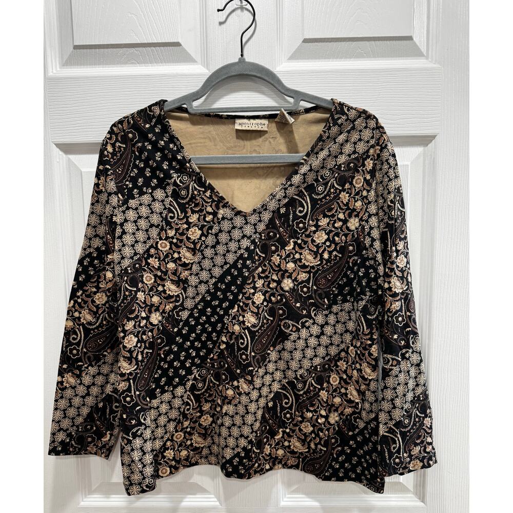 Apostrophe Stretch Black Brown Floral Paisley  Top Blouse XL 3/4 sleeve